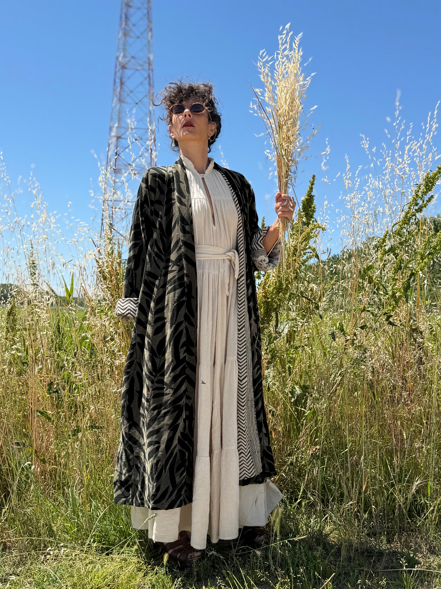 Kimono in Velluto - gray Leaves