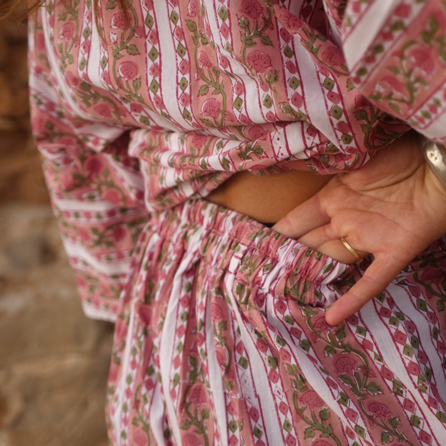 Bermuda rosa in cotone -pantaloncino blockprint