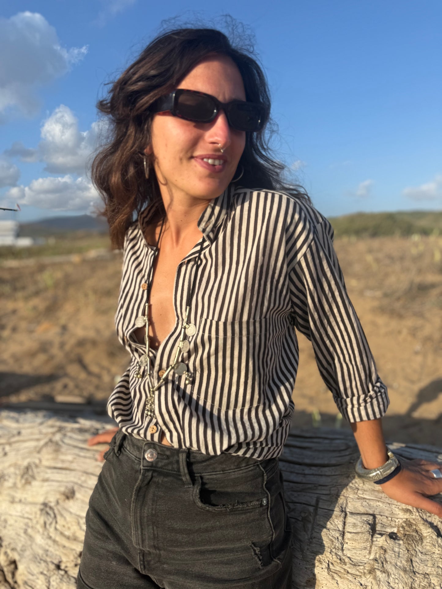 Camicia collo Mao - righe block print