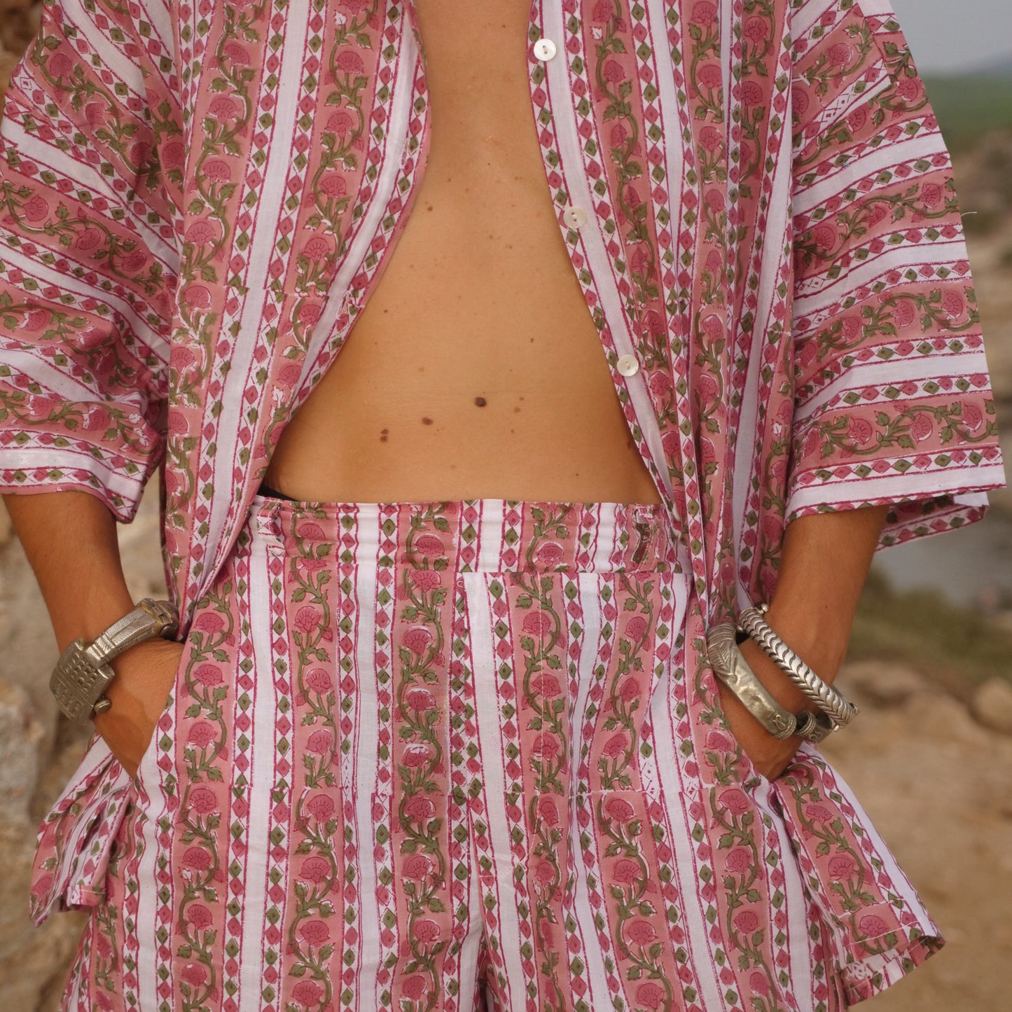 Bermuda rosa in cotone -pantaloncino blockprint