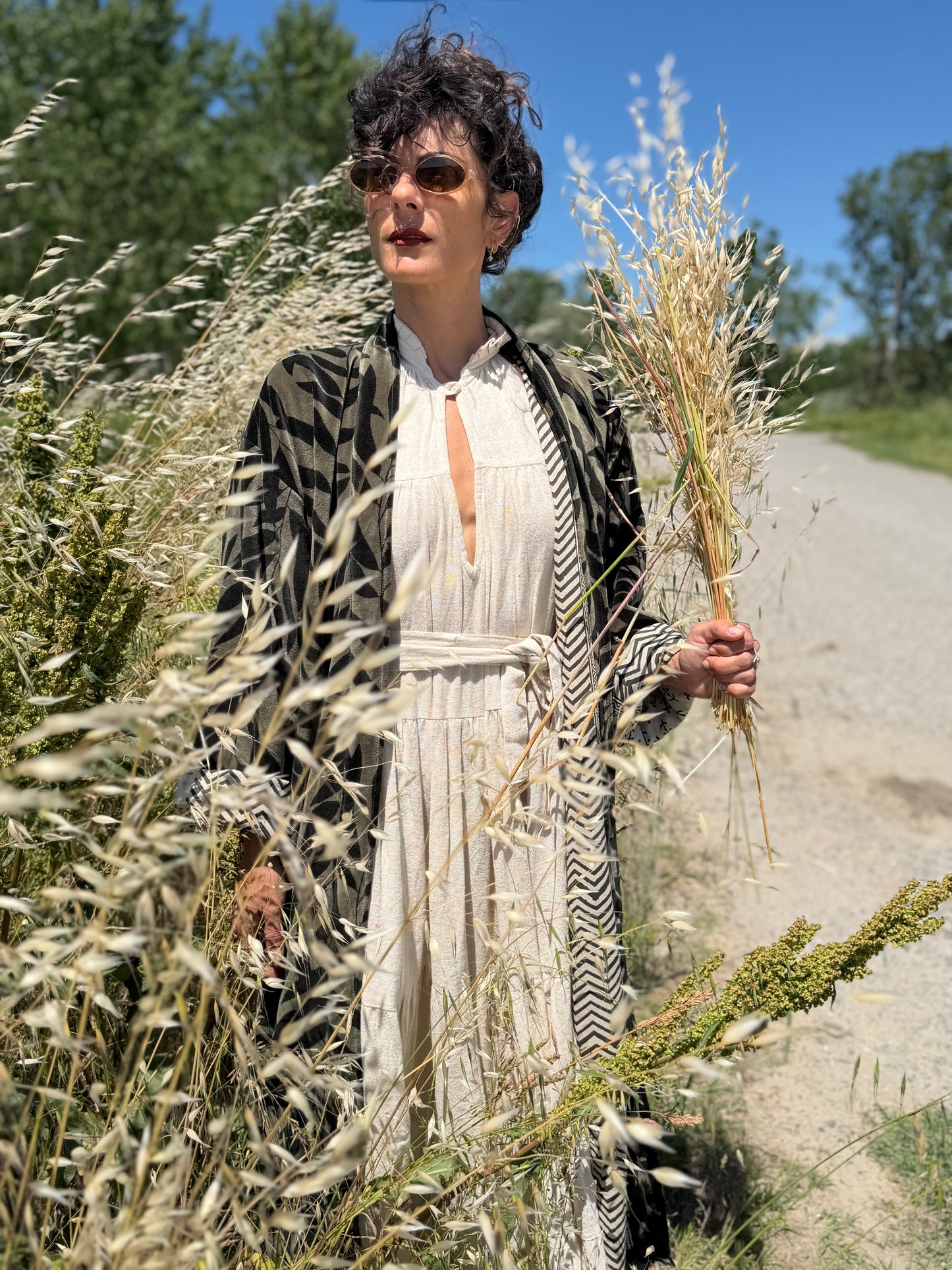 Kimono in Velluto - gray Leaves