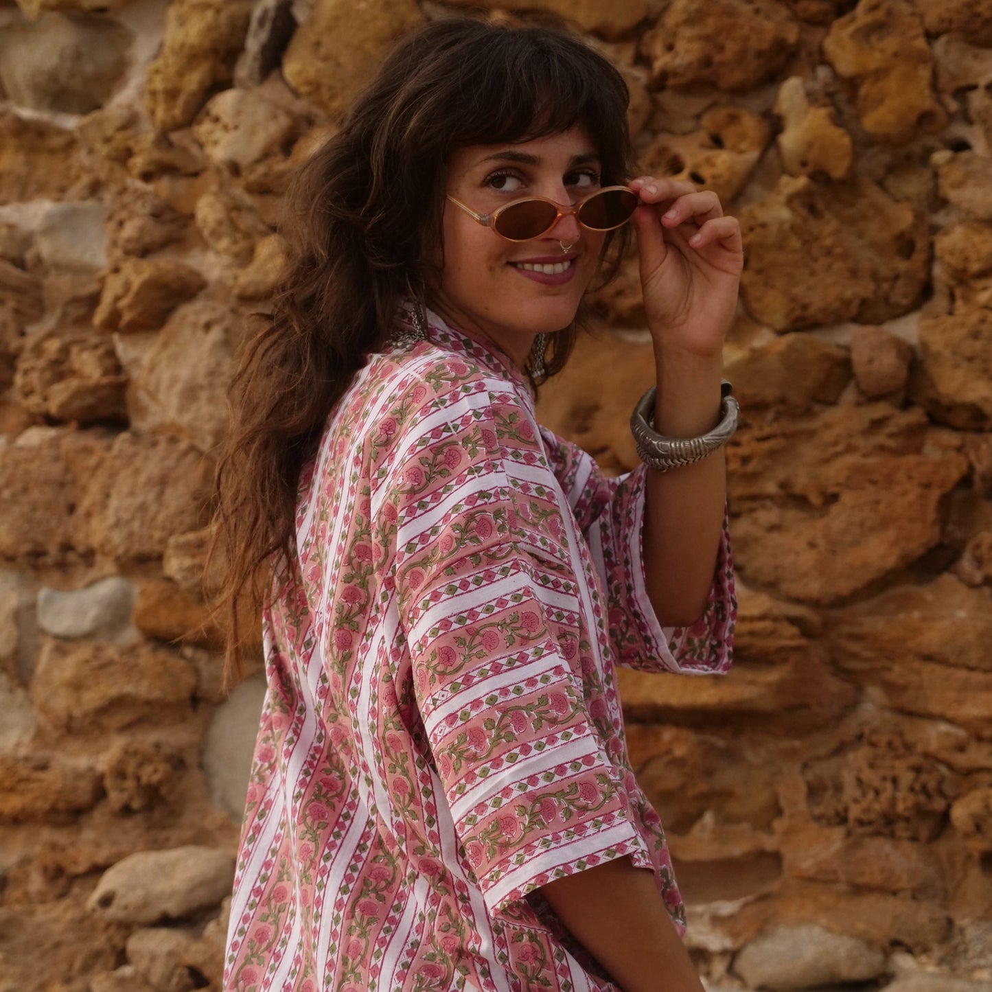 Camicia rosa Oversize cotone block print - Unisex