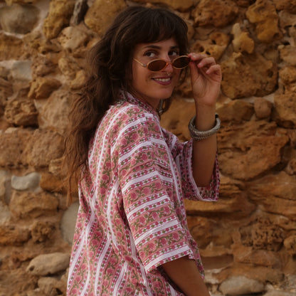 Camicia rosa Oversize cotone block print - Unisex