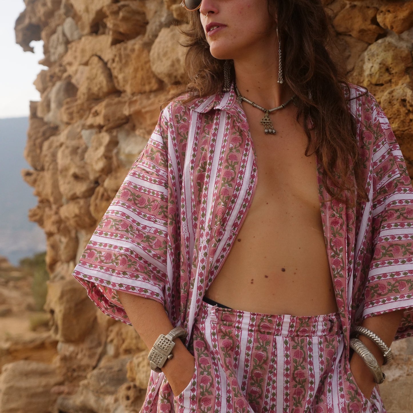Bermuda rosa in cotone -pantaloncino blockprint