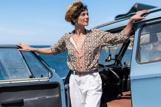 Camicia colletto Mao - block print  marrone/verde oliva