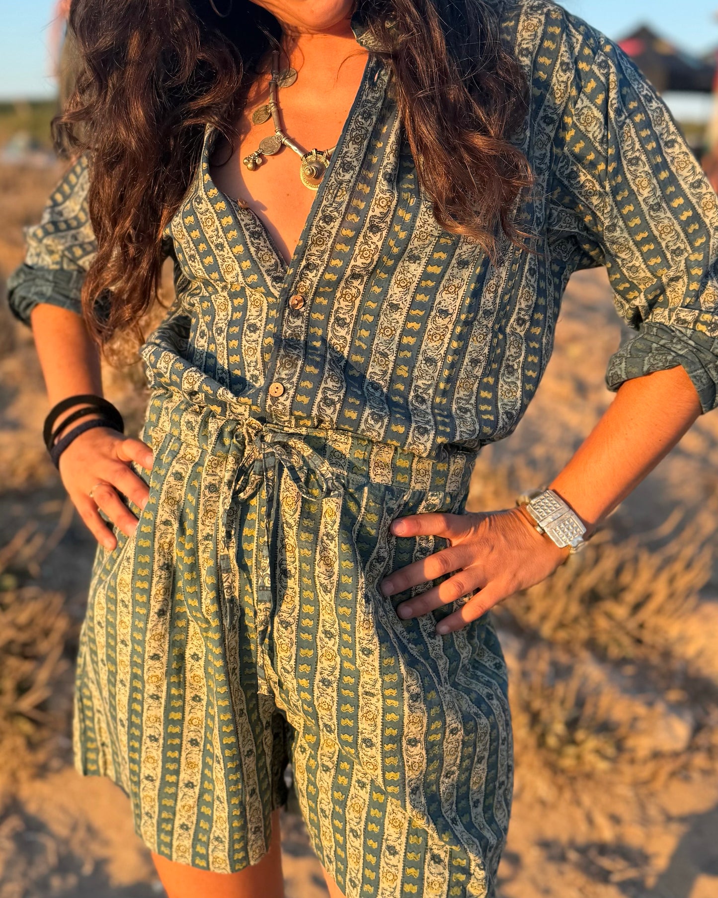 Camicia collo Mao - righe block print