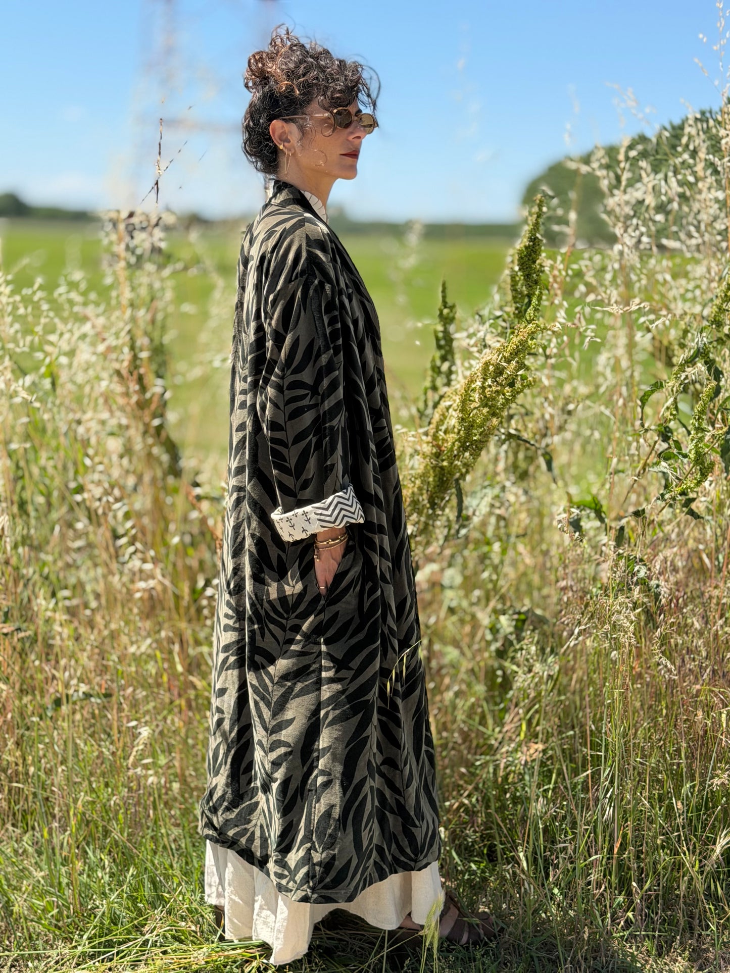 Kimono in Velluto - gray Leaves