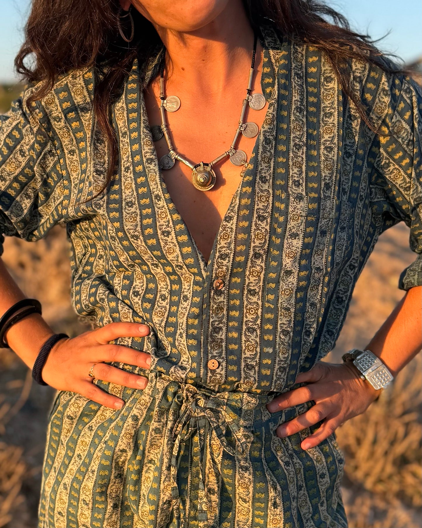 Camicia collo Mao - righe block print