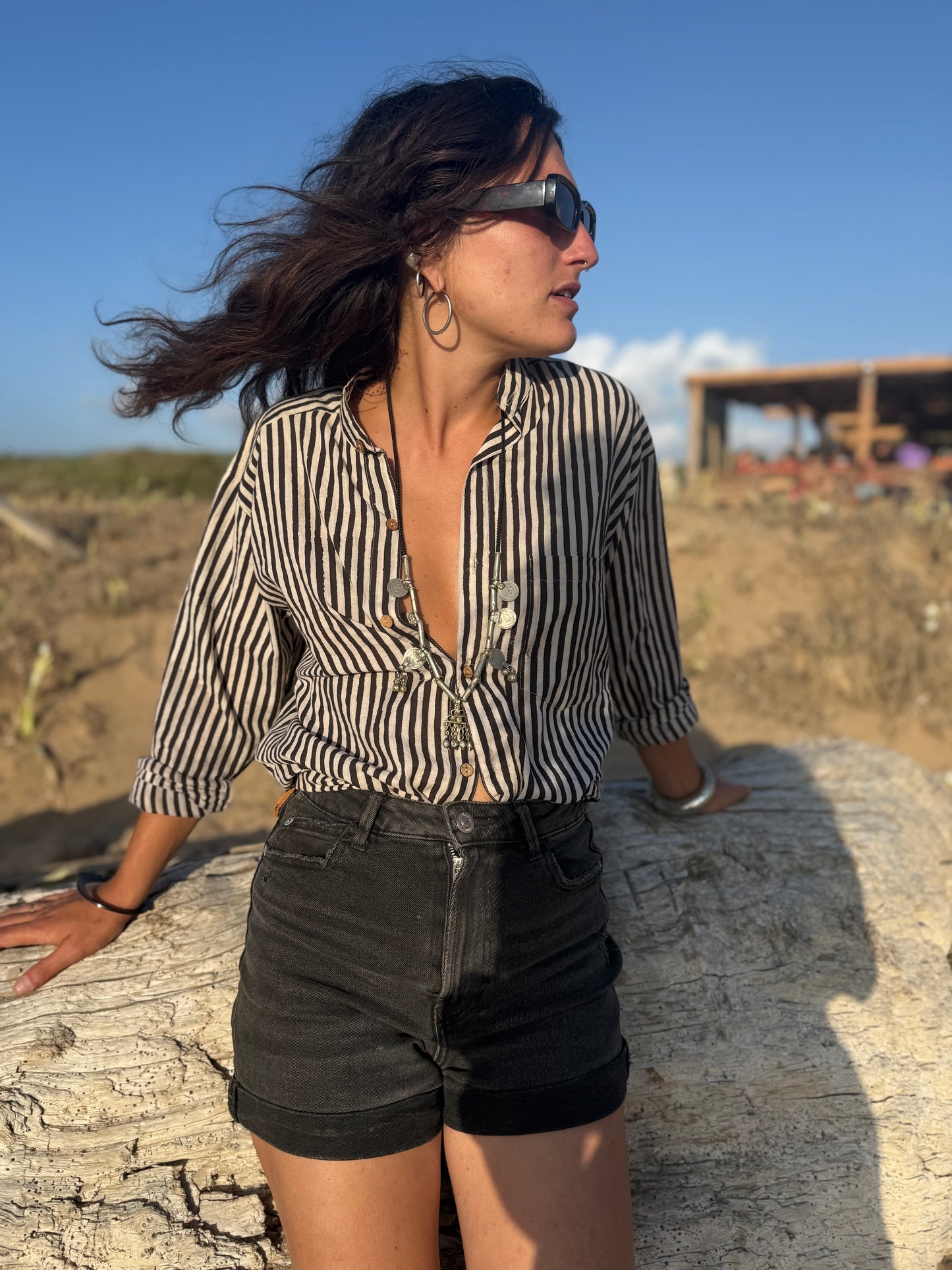 Camicia collo Mao - righe block print